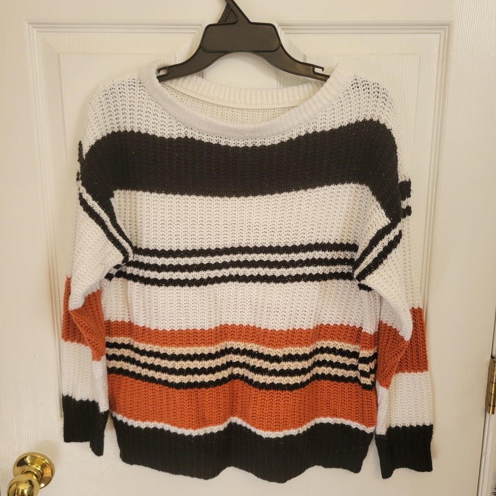 Chic Striped Women's Sweater in Black, White, and Orange